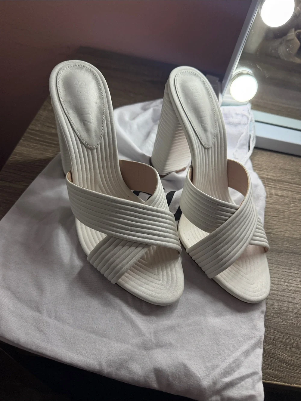 SCHUTZ White Ribbed Crisscross Slip-On Heeled Sandals